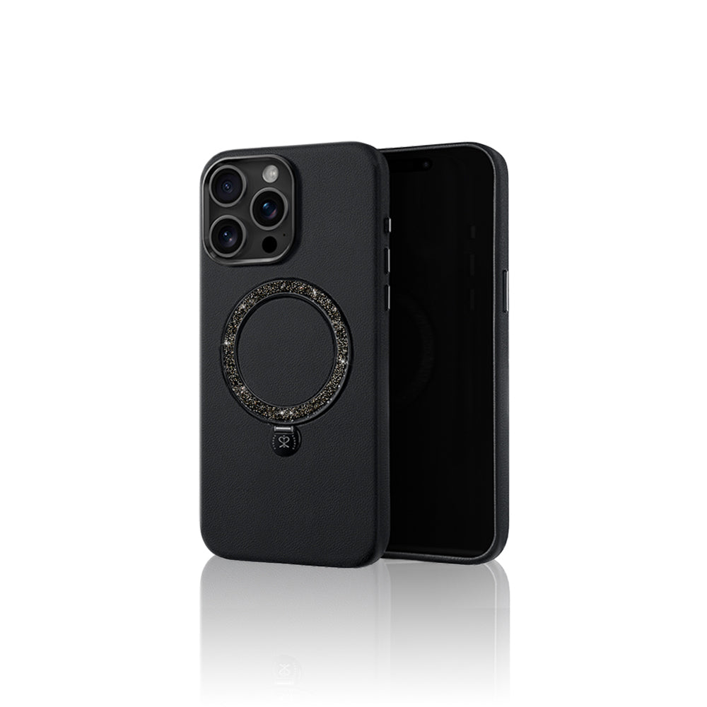 Apple iPhone 16 Pro Kılıf M-safe Şarj Özellikli Standlı Suni Deri Tasarımlı Pynana Dancing Circle Serisi Kapak Siyah