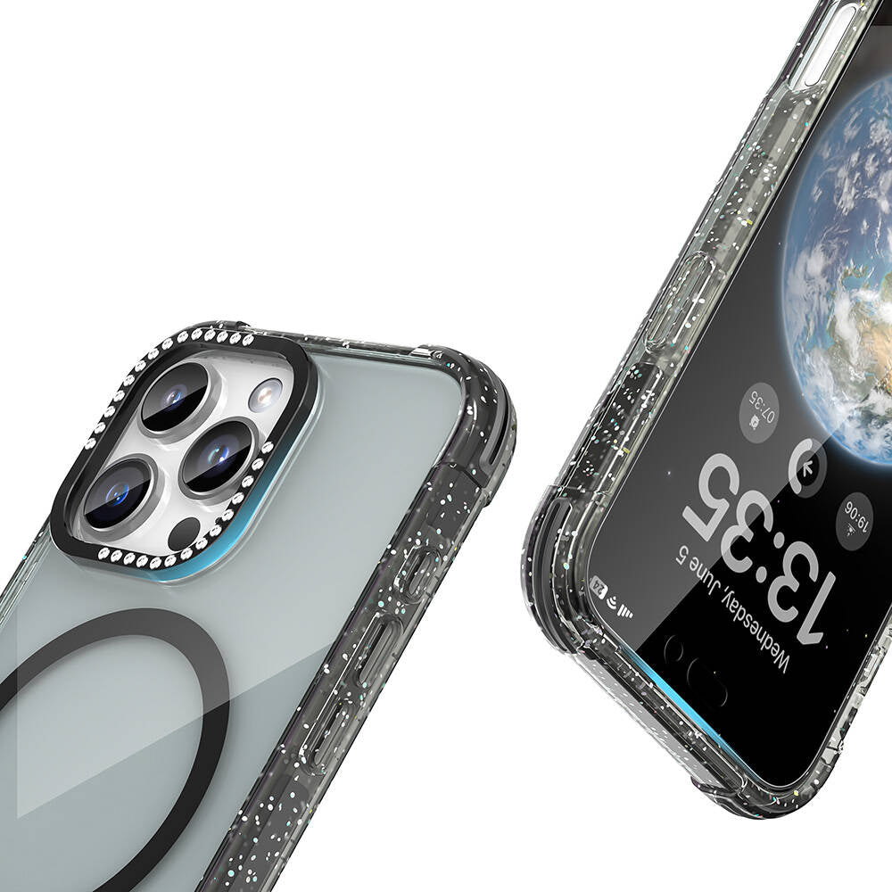 Apple iPhone 16 Pro Kılıf M-safe Şarj Özellikli Taşlı ve Simli Tasarım Mutural Blink Kapak Mavi