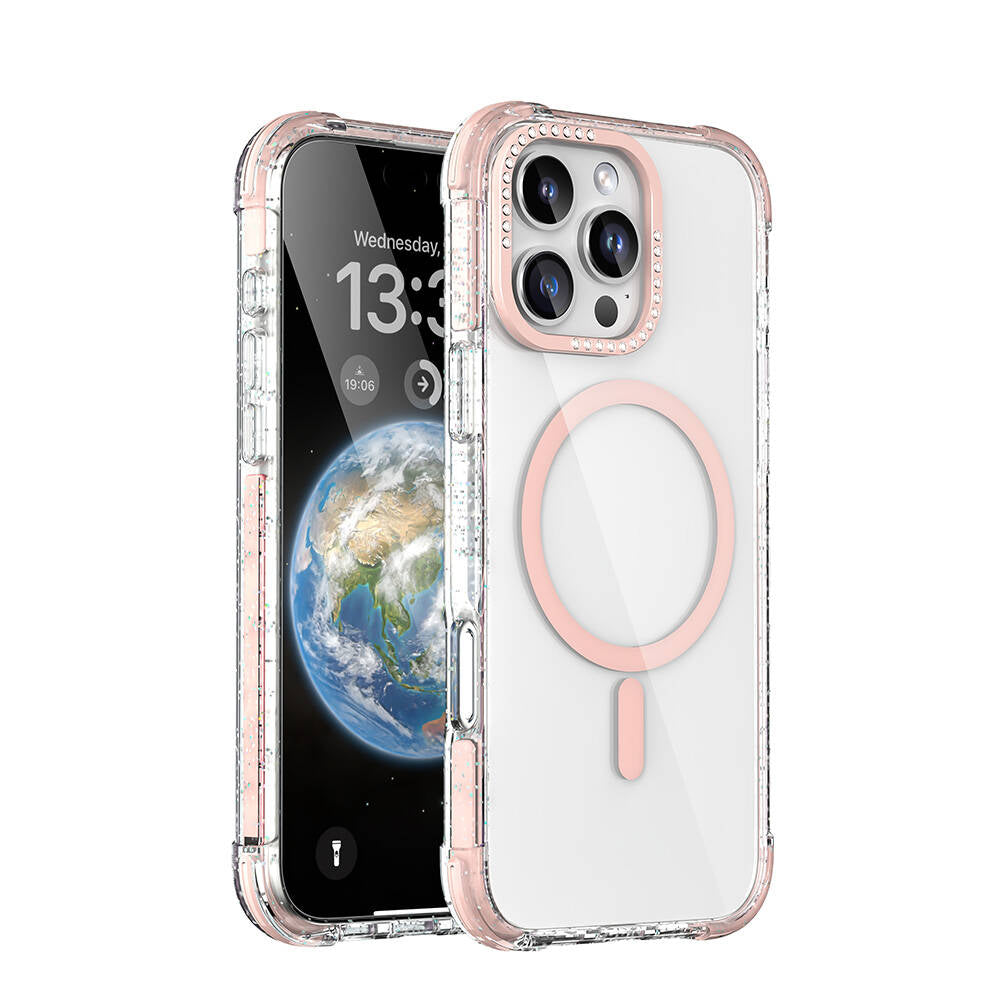 Apple iPhone 16 Pro Kılıf M-safe Şarj Özellikli Taşlı ve Simli Tasarım Mutural Blink Kapak Pembe