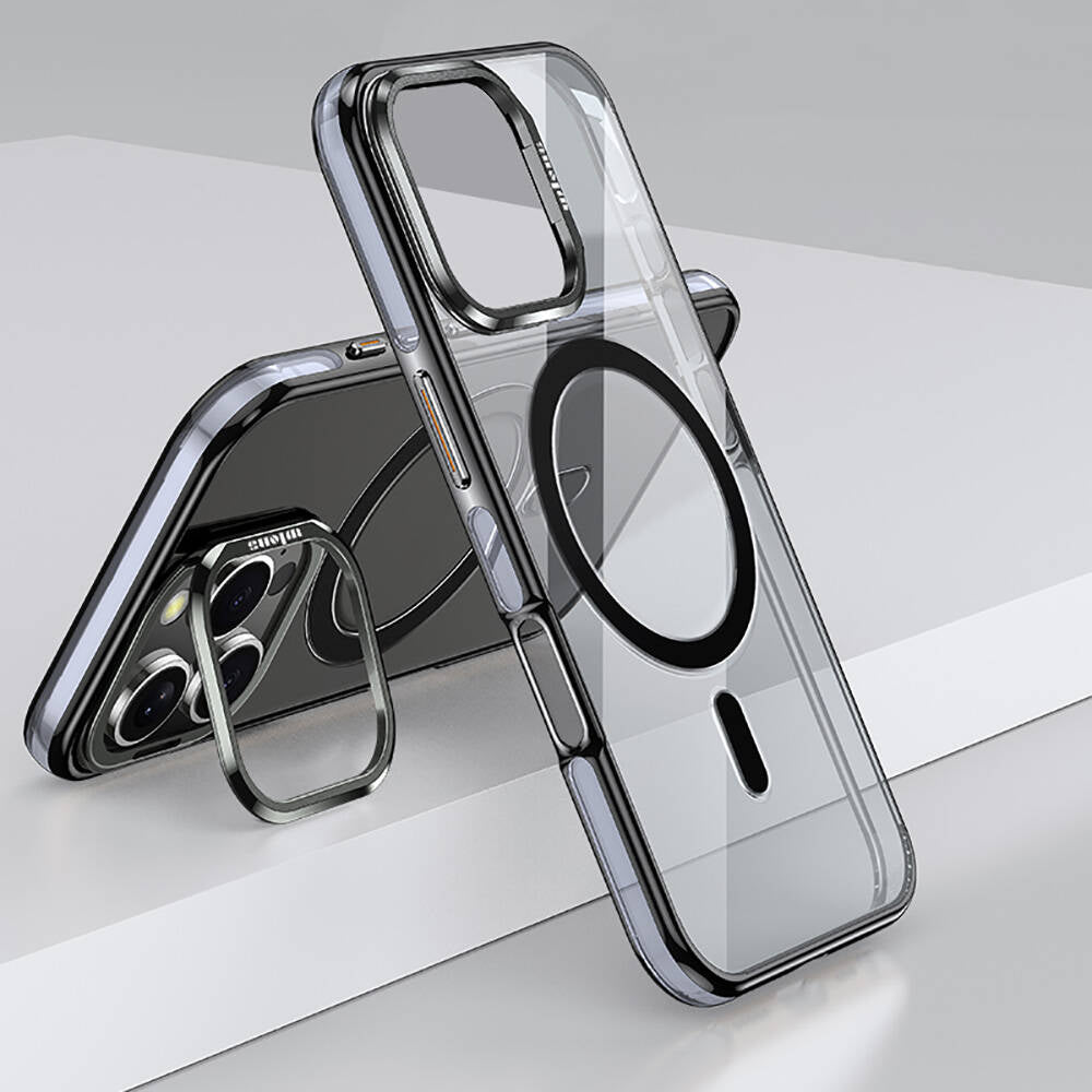 Apple iPhone 16 Pro Kılıf M-safe Şarj Özellikli Wlons Standlı Efsane Kapak Siyah