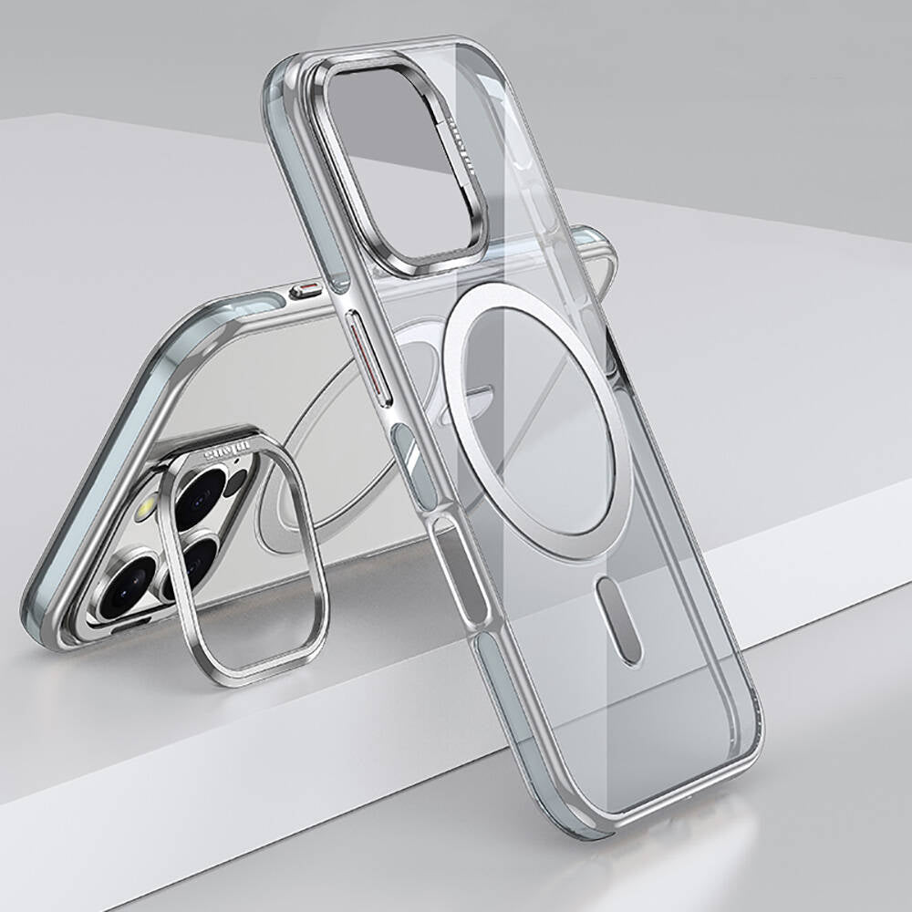 Apple iPhone 16 Pro Kılıf M-safe Şarj Özellikli Wlons Standlı Efsane Kapak Gri