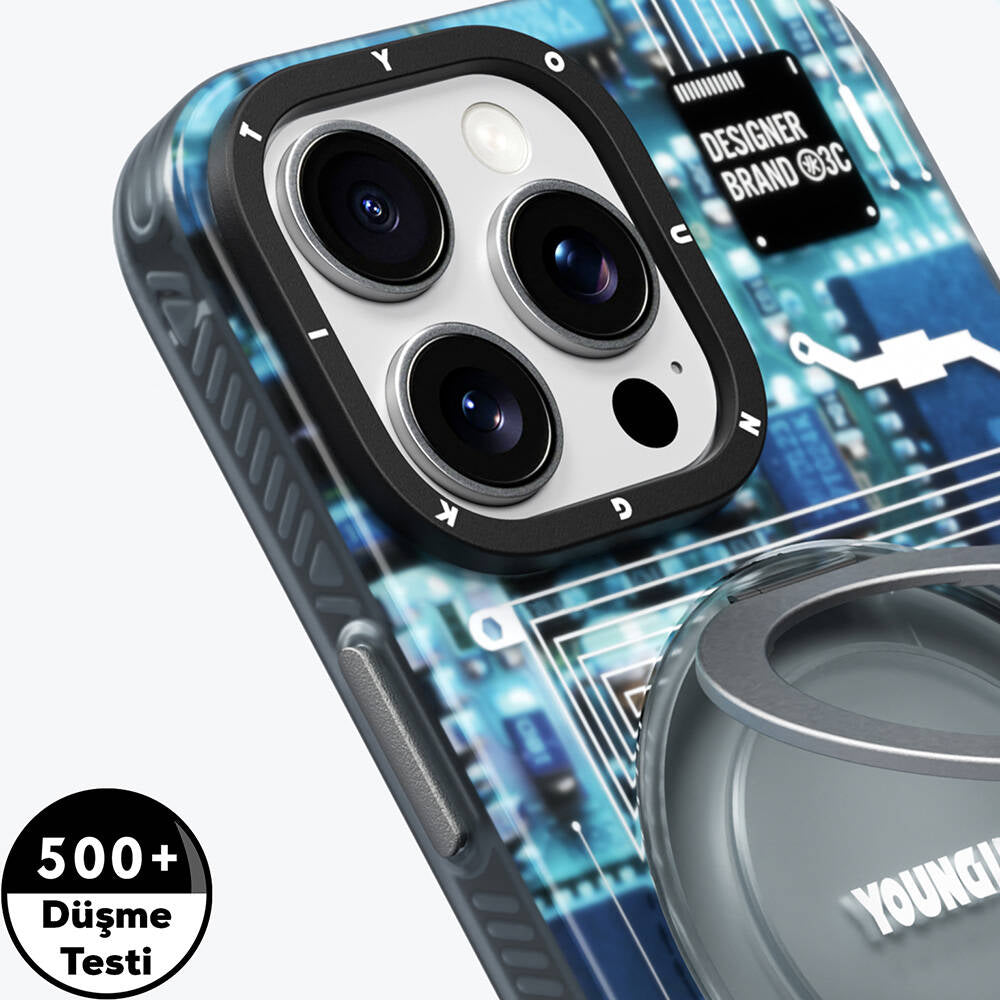 Apple iPhone 16 Pro Kılıf M-safe Şarj Özellikli Youngkit 360° Standlı Technology Serisi Kapak Mavi
