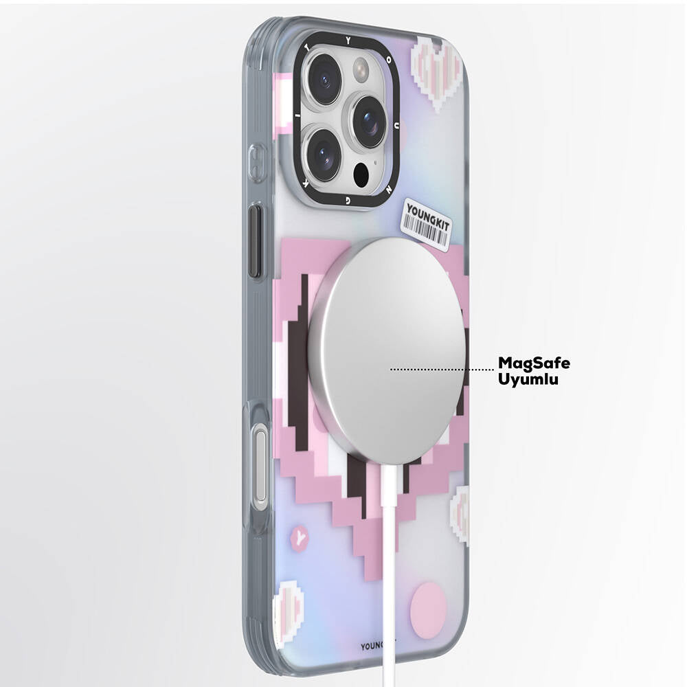 Apple iPhone 16 Pro Kılıf M-safe Şarj Özellikli Youngkit Love Serisi Kapak Pembe