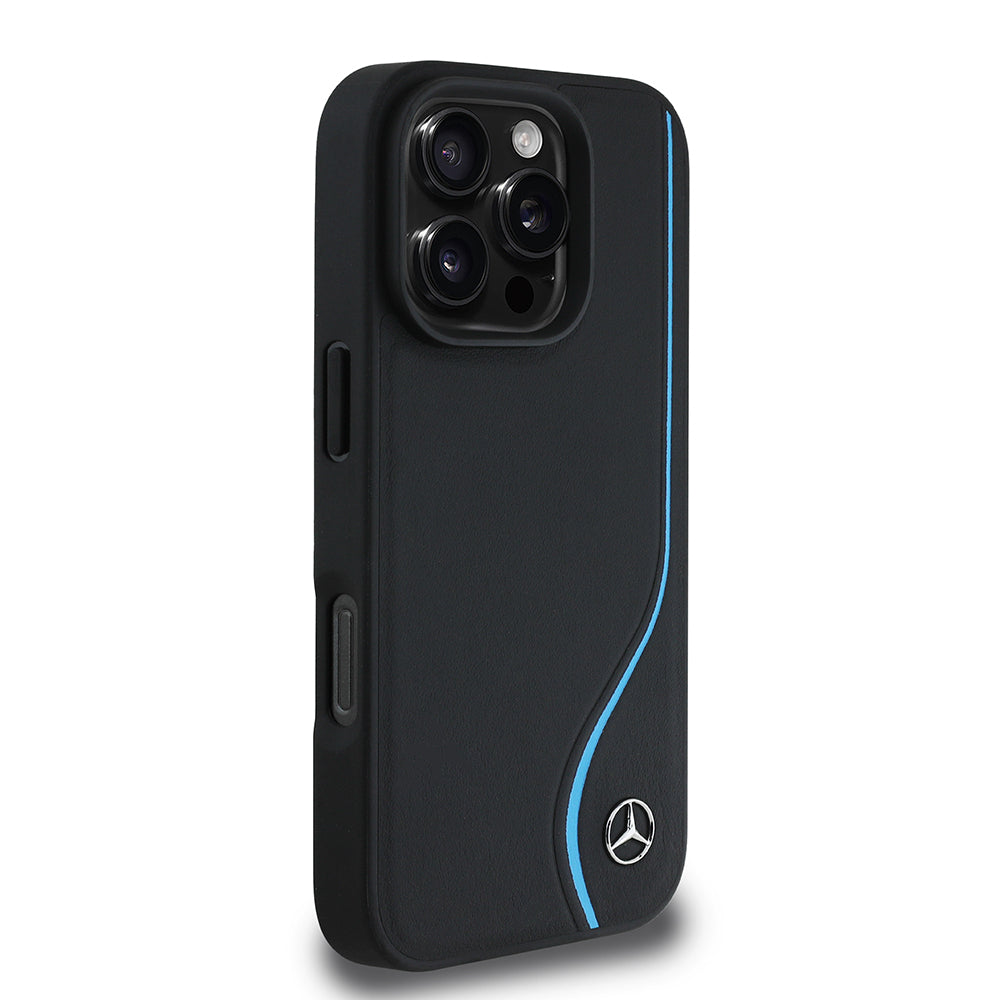 Apple iPhone 16 Pro Kılıf Mercedes Benz Orjinal Lisanslı M-safe Şarj Özellikli 3D Metal Logolu Mavi Dikey Eğri Çizgili Deri Kapak Siyah