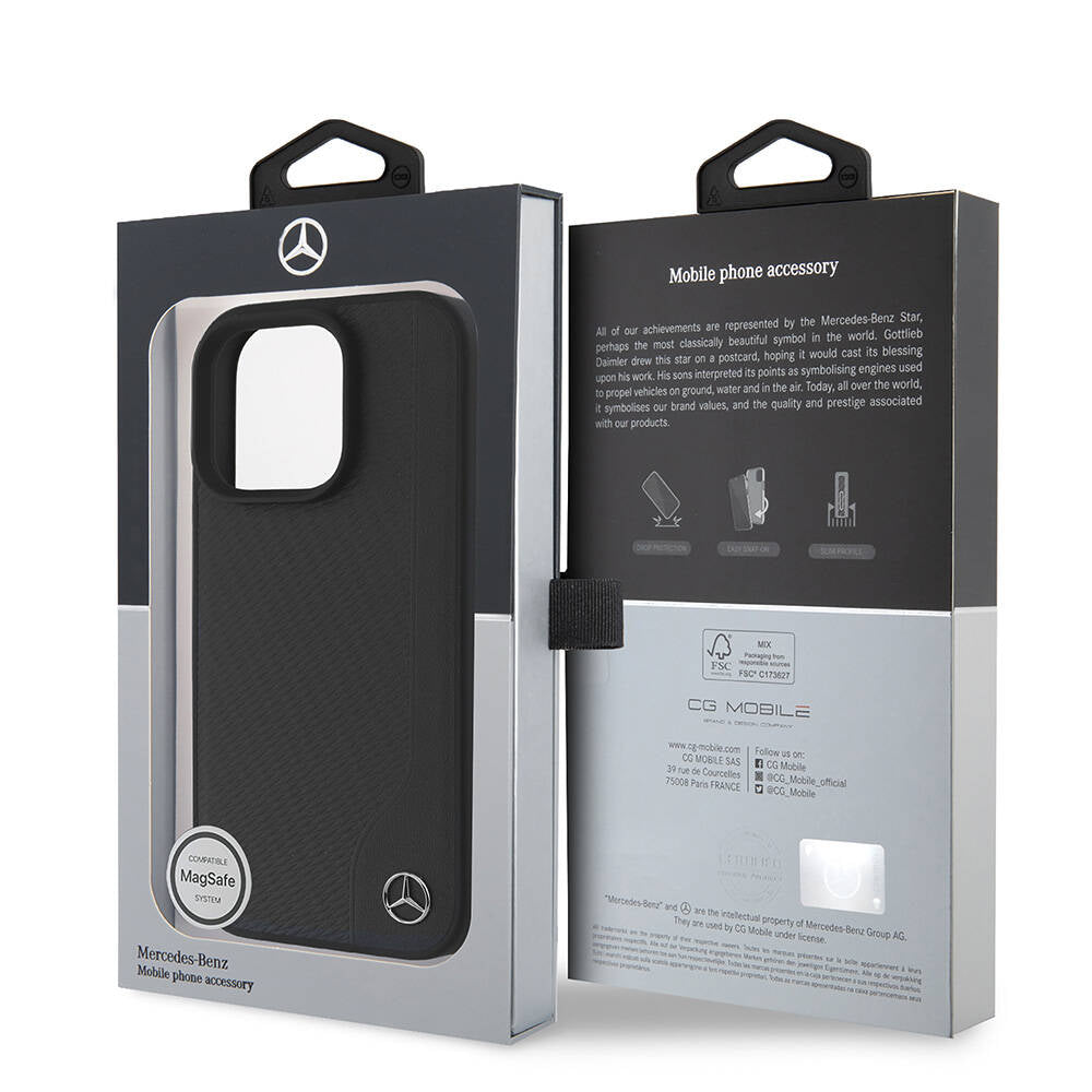 Apple iPhone 16 Pro Kılıf Mercedes Benz Orjinal Lisanslı M-safe Şarj Özellikli 3D Metal Logolu Wood Imitation Deri Kapak Siyah