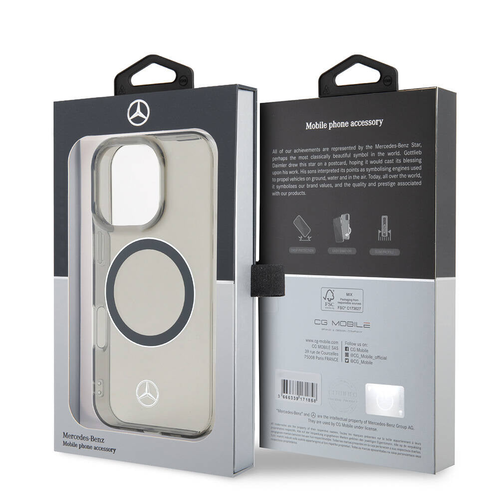 Apple iPhone 16 Pro Kılıf Mercedes Benz Orjinal Lisanslı M-safe Şarj Özellikli Saydam Yüzey Silver Ring Kapak Siyah