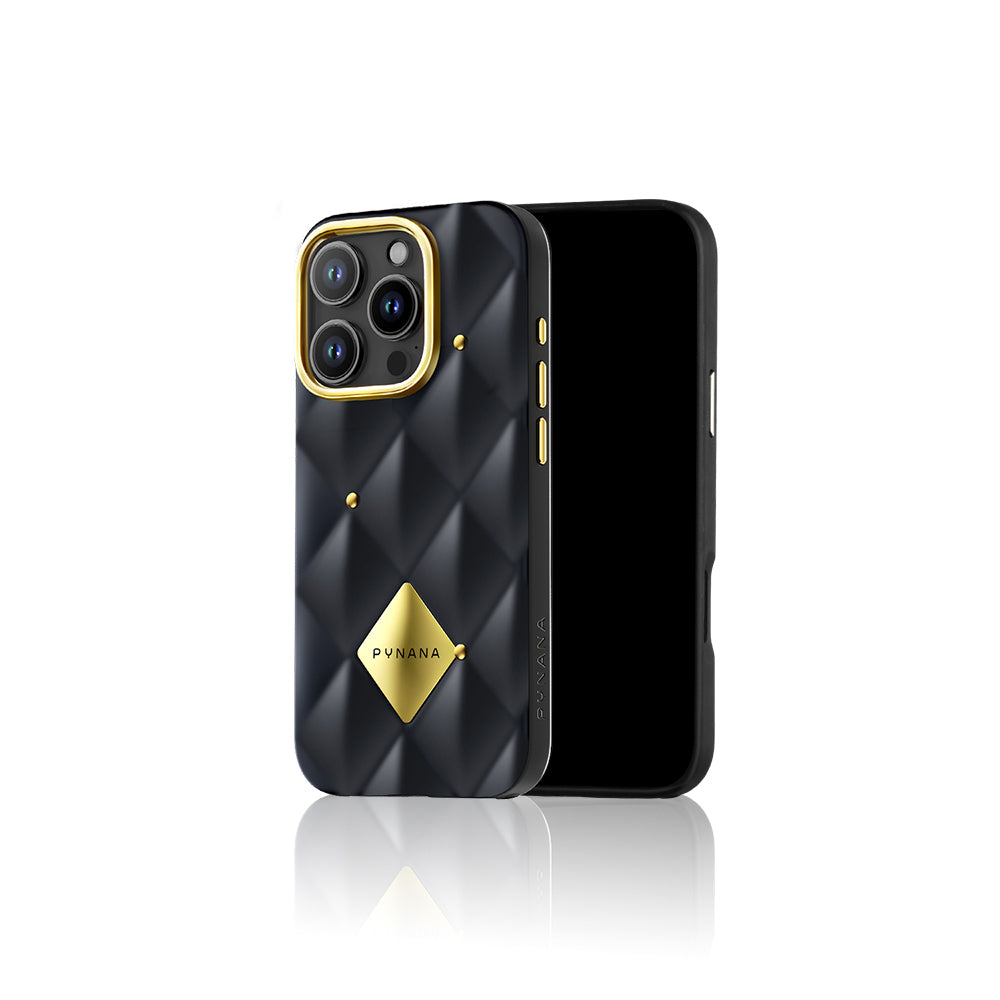 Apple iPhone 16 Pro Kılıf Parlak Arka Yüzeyli Kabartma Tasarımlı Kapitone Pynana Metal Diamond Serisi Kapak Beyaz