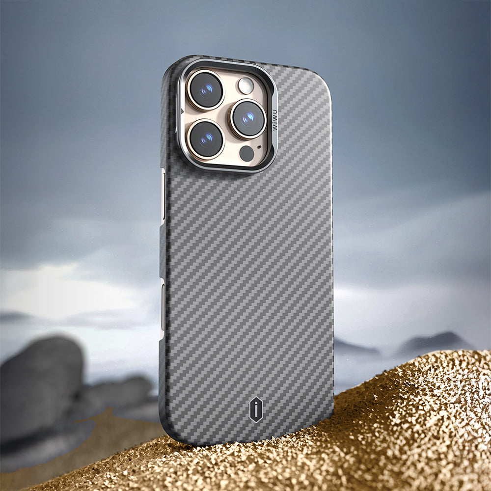 Apple iPhone 16 Pro Kılıf Wiwu DCC-206 M-safe Şarj Özellikli Kamera Standlı Aramid Fiber Tasarım Kevlar Kapak Siyah