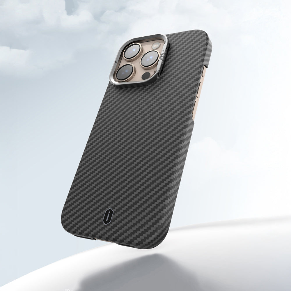 Apple iPhone 16 Pro Kılıf Wiwu DCC-206 M-safe Şarj Özellikli Kamera Standlı Aramid Fiber Tasarım Kevlar Kapak Siyah