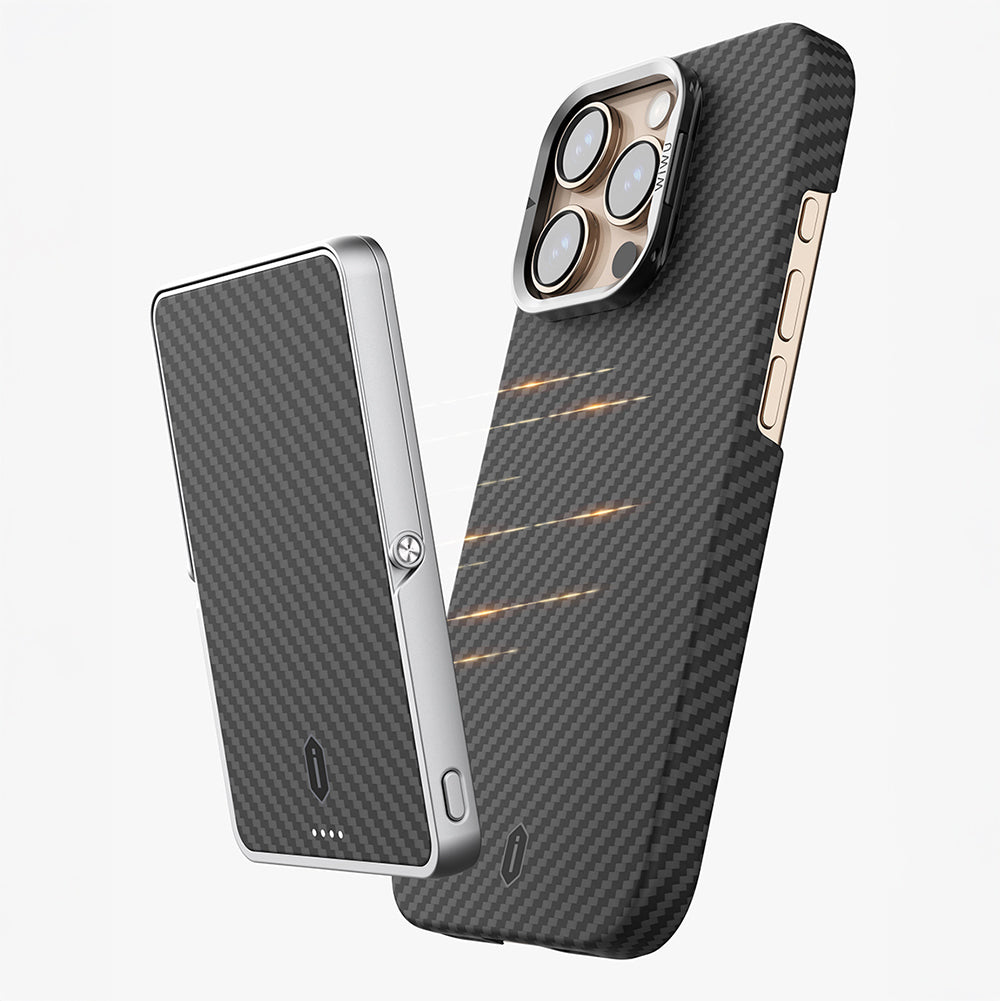 Apple iPhone 16 Pro Kılıf Wiwu DCC-206 M-safe Şarj Özellikli Kamera Standlı Aramid Fiber Tasarım Kevlar Kapak Siyah