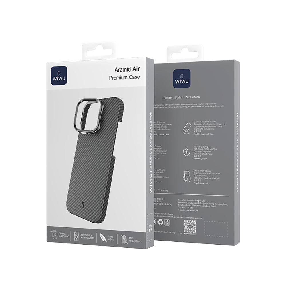 Apple iPhone 16 Pro Kılıf Wiwu DCC-206 M-safe Şarj Özellikli Kamera Standlı Aramid Fiber Tasarım Kevlar Kapak Siyah