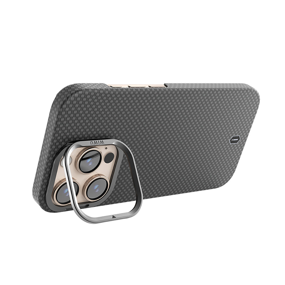 Apple iPhone 16 Pro Kılıf Wiwu DCC-208 M-safe Şarj Özellikli Kamera Standlı Aramid Fiber Tasarım Kevlar Kapak Siyah