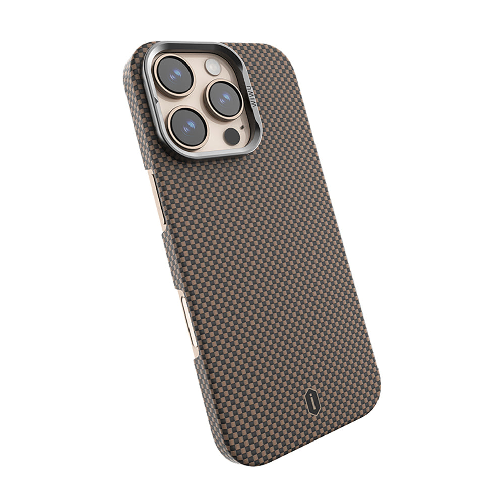 Apple iPhone 16 Pro Kılıf Wiwu DCC-208 M-safe Şarj Özellikli Kamera Standlı Aramid Fiber Tasarım Kevlar Kapak Kırmızı