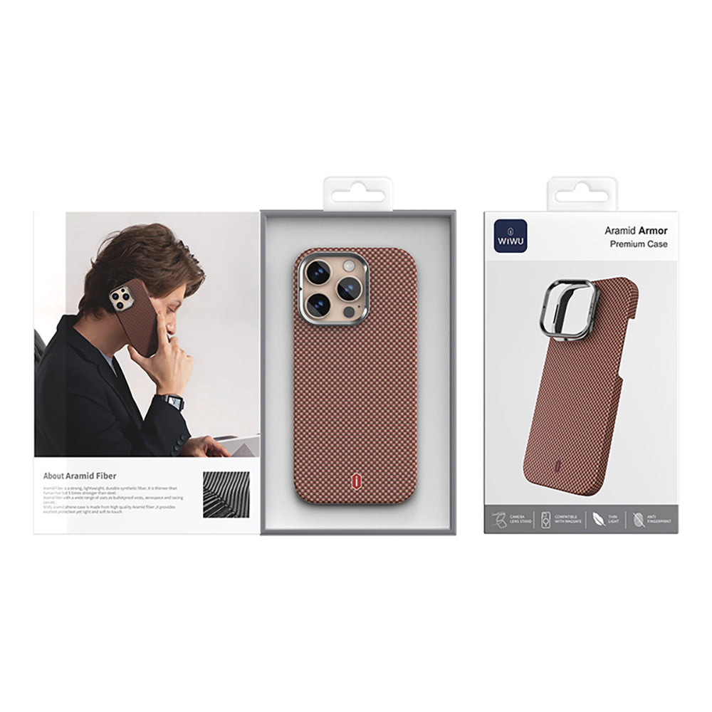 Apple iPhone 16 Pro Kılıf Wiwu DCC-208 M-safe Şarj Özellikli Kamera Standlı Aramid Fiber Tasarım Kevlar Kapak Kırmızı