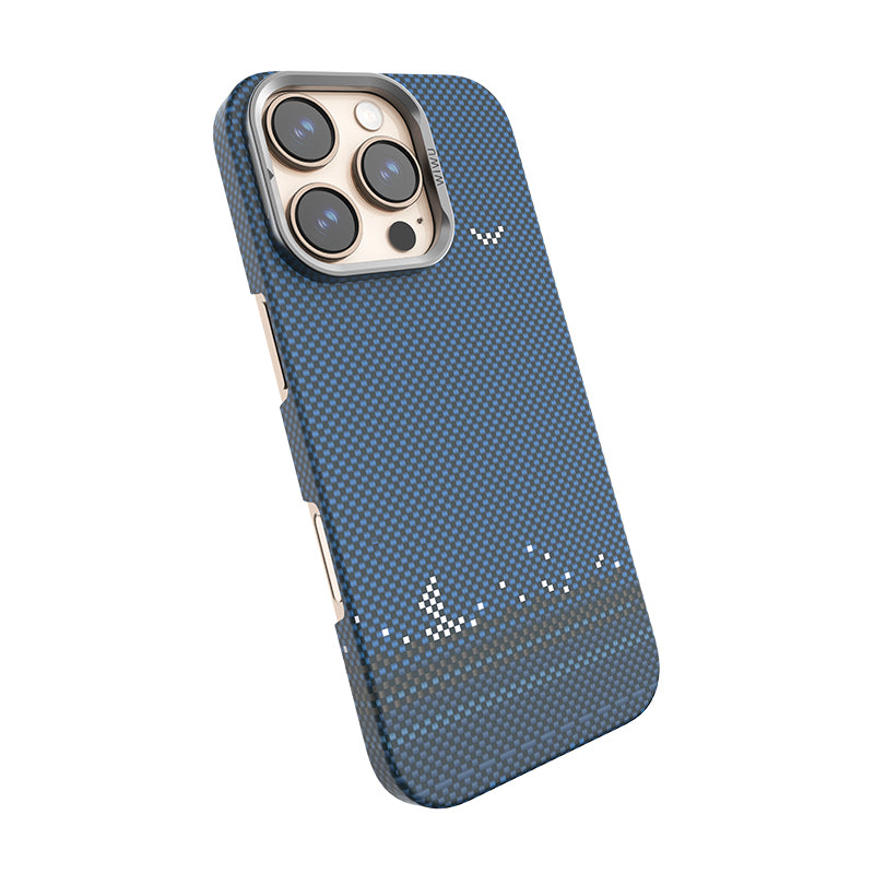 Apple iPhone 16 Pro Kılıf Wiwu DCC-209 M-safe Şarj Özellikli Kamera Standlı Aramid Fiber Tasarım Kevlar Kapak Mavi