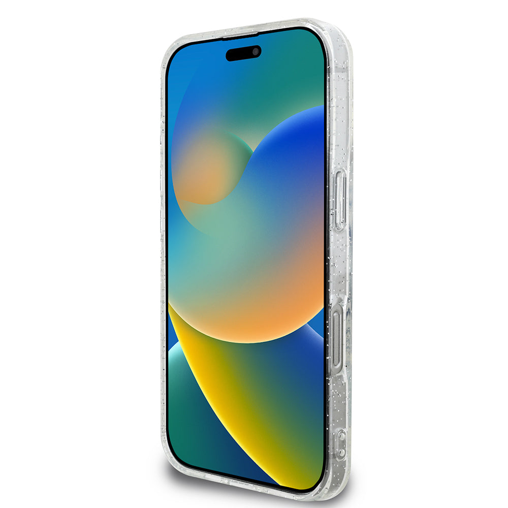 Apple iPhone 16 Pro Max Guess Orjinal Lisanslı 3'lü Aksesuar Seti IML Baskılı Simli Glitter Kılıf + Ekran Koruyucu + Lens Koruyucu Şeffaf