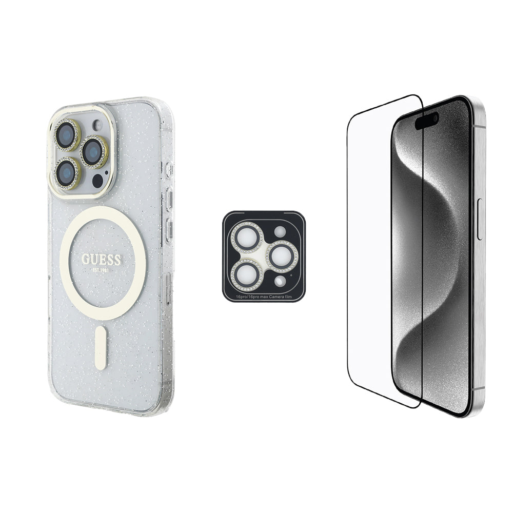 Apple iPhone 16 Pro Max Guess Orjinal Lisanslı 3'lü Aksesuar Seti IML Baskılı Simli Glitter Kılıf + Ekran Koruyucu + Lens Koruyucu Şeffaf
