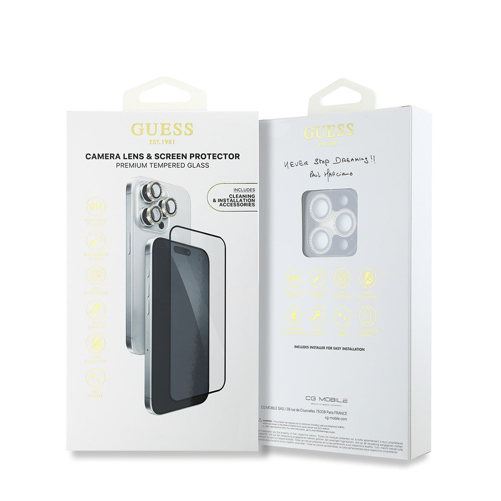 Apple iPhone 16 Pro Max Guess Orjinal Lisanslı Rhinestone Ekran Koruyucu + Lens Koruyucu 2in1 Aksesuar Seti Gümüş