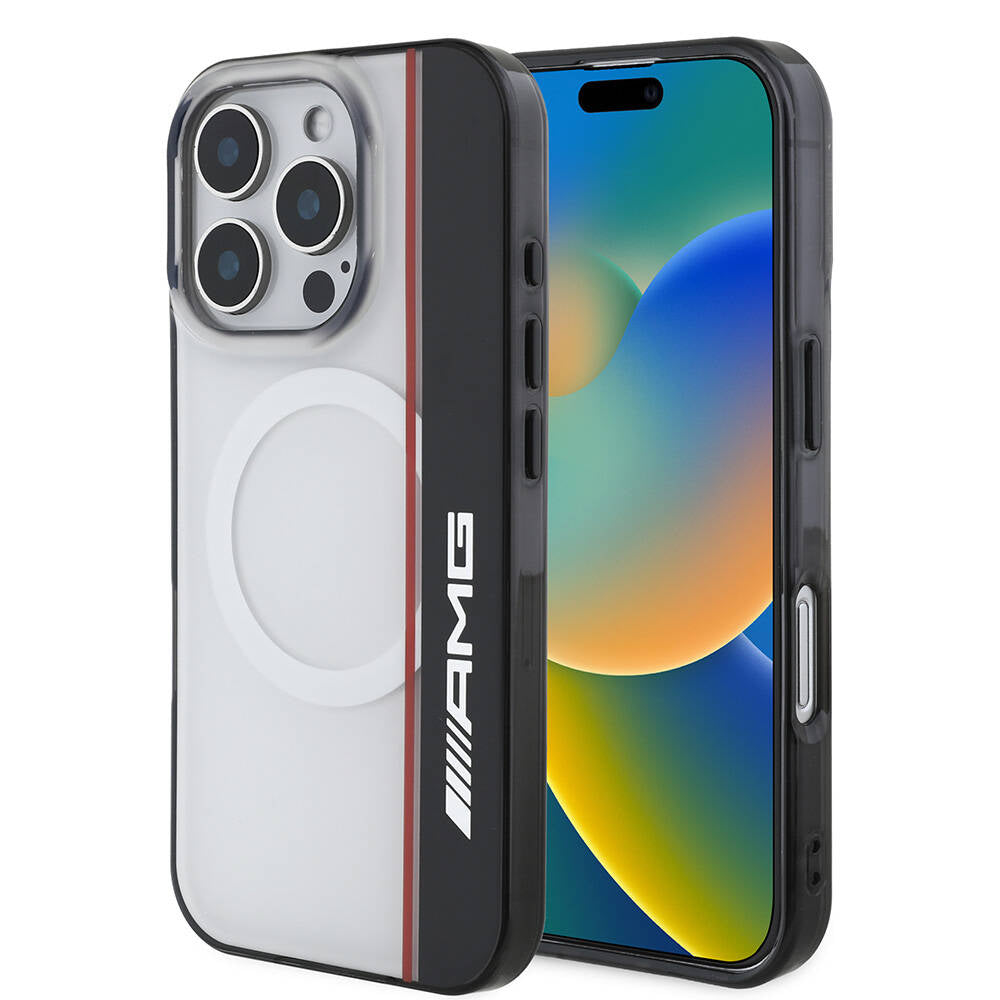 Apple iPhone 16 Pro Max Kılıf AMG Orjinal Lisanslı M-safe Şarj Özellikli IML Baskı Logolu Çift Katmanlı Bow Lines Kapak Beyaz