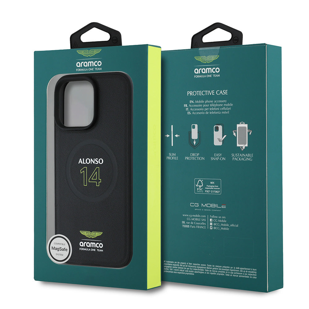 Apple iPhone 16 Pro Max Kılıf Aston Martin Orjinal Lisanslı M-safe Şarj Özellikli PU Deri Alonso 14 Baskılı Kapak Siyah