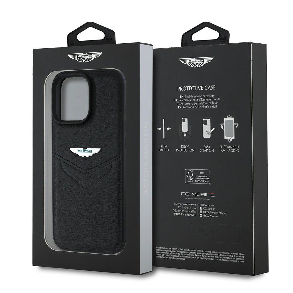 Apple iPhone 16 Pro Max Kılıf Aston Martin Orjinal Lisanslı Victory Dizayn PU Deri Metal Logolu Kapak Siyah