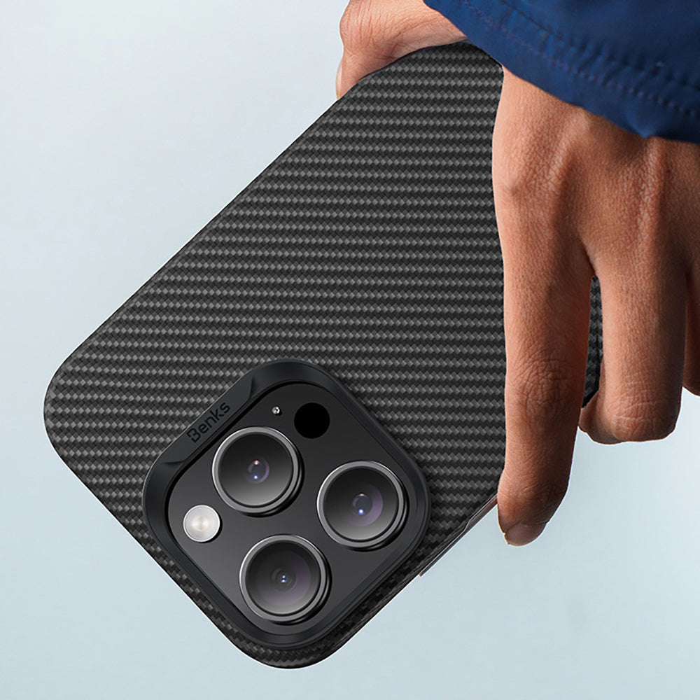 Apple iPhone 16 Pro Max Kılıf Benks M-safe Şarj Özellikli Metal Kamera Çerçeveli Magnetik ArmorAir 600D Kevlar Fiber Kapak Siyah