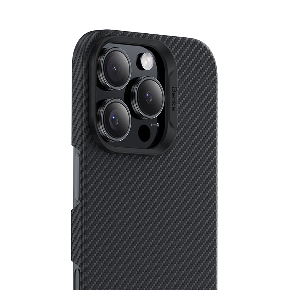 Apple iPhone 16 Pro Max Kılıf Benks M-safe Şarj Özellikli Metal Kamera Çerçeveli Magnetik ArmorAir 600D Kevlar Fiber Kapak Siyah