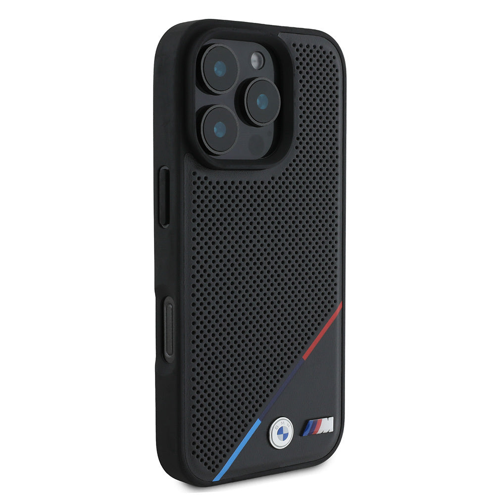 Apple iPhone 16 Pro Max Kılıf BMW Orjinal Lisanslı M-safe Şarj Özellikli M Logolu Üç Çizgili Delikli Deri Kapak Siyah