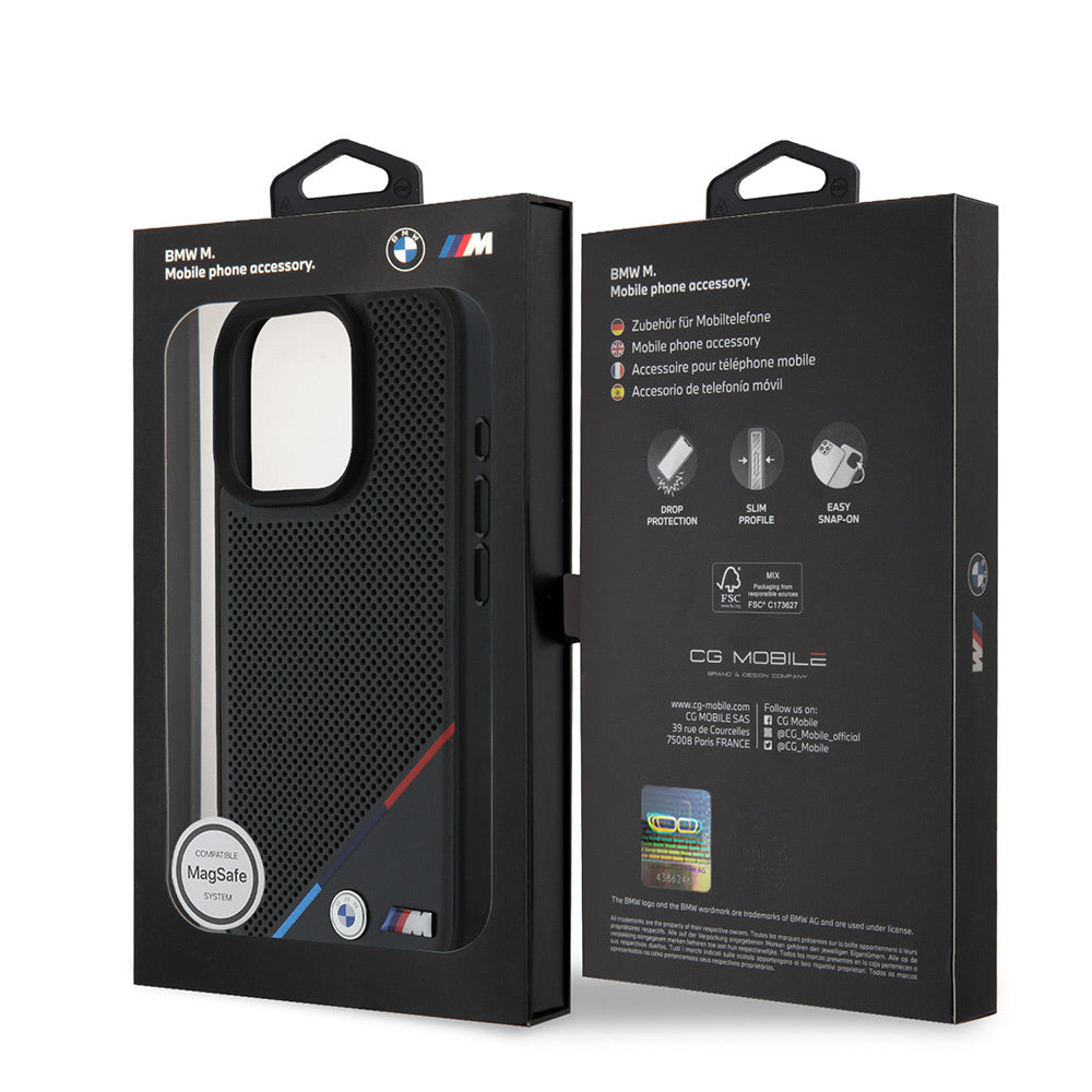 Apple iPhone 16 Pro Max Kılıf BMW Orjinal Lisanslı M-safe Şarj Özellikli M Logolu Üç Çizgili Delikli Deri Kapak Siyah