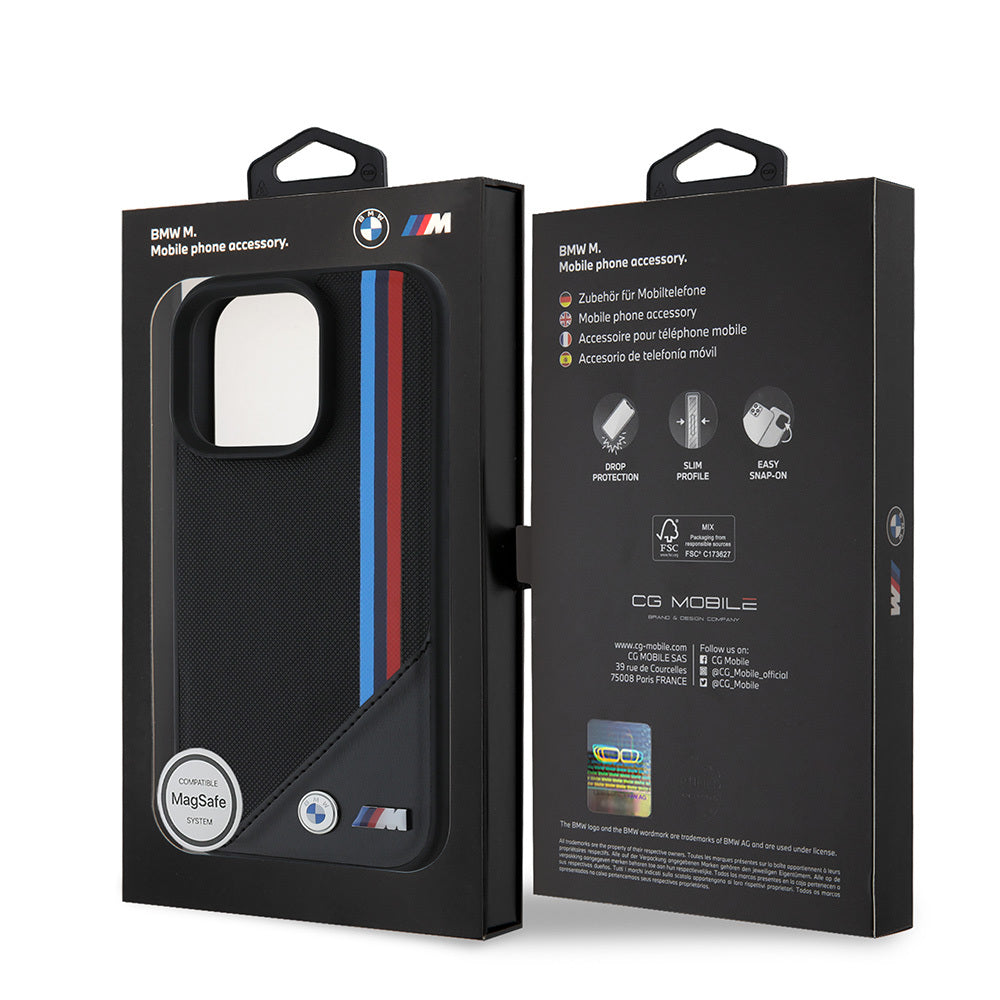 Apple iPhone 16 Pro Max Kılıf BMW Orjinal Lisanslı M-safe Şarj Özellikli M Logolu Üç Çizgili Dikiş Detaylı Meshed Tricolor Stripes Kapak Siyah