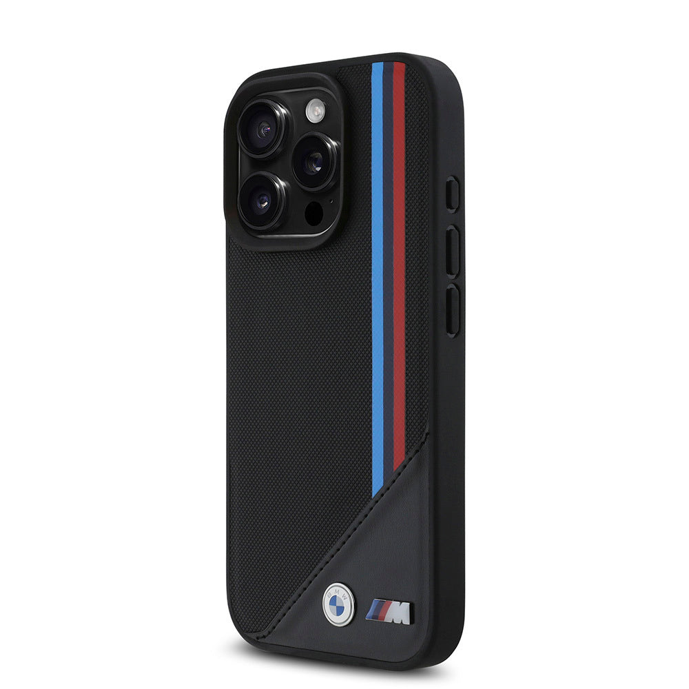 Apple iPhone 16 Pro Max Kılıf BMW Orjinal Lisanslı M-safe Şarj Özellikli M Logolu Üç Çizgili Dikiş Detaylı Meshed Tricolor Stripes Kapak Siyah