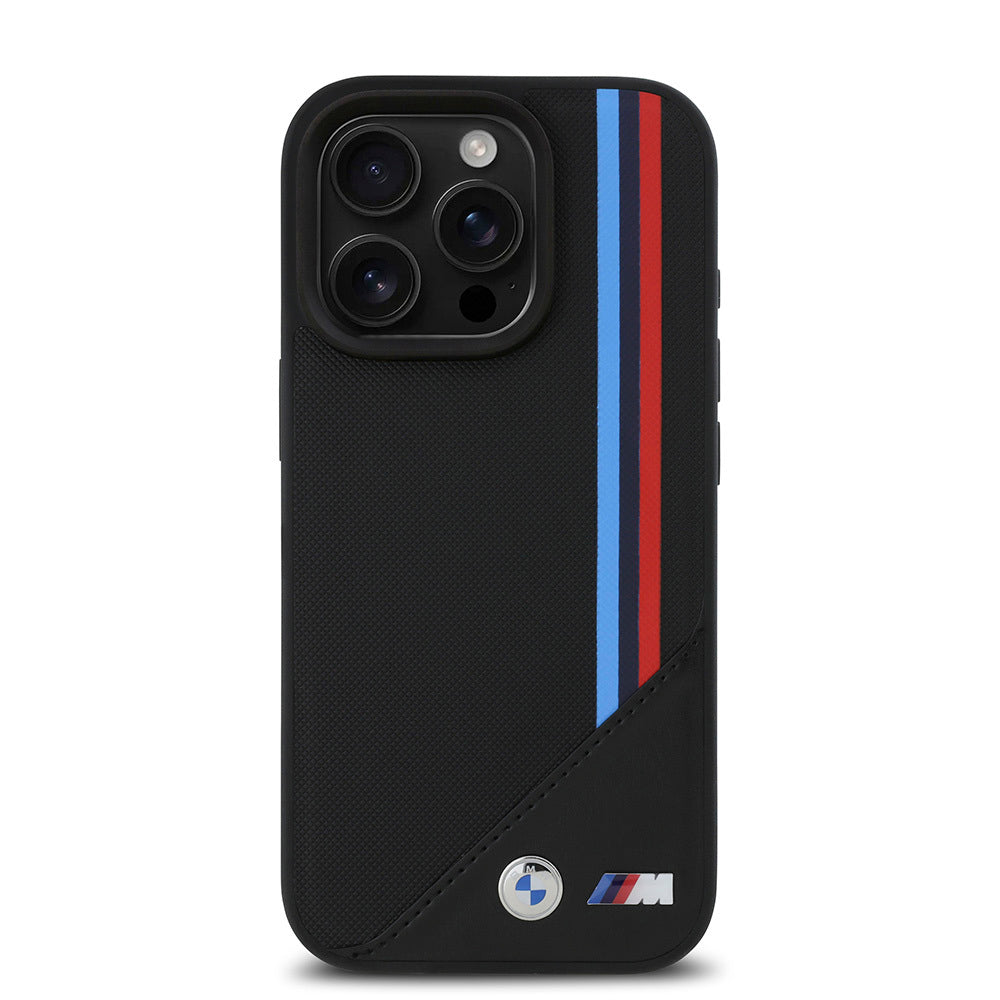 Apple iPhone 16 Pro Max Kılıf BMW Orjinal Lisanslı M-safe Şarj Özellikli M Logolu Üç Çizgili Dikiş Detaylı Meshed Tricolor Stripes Kapak Siyah