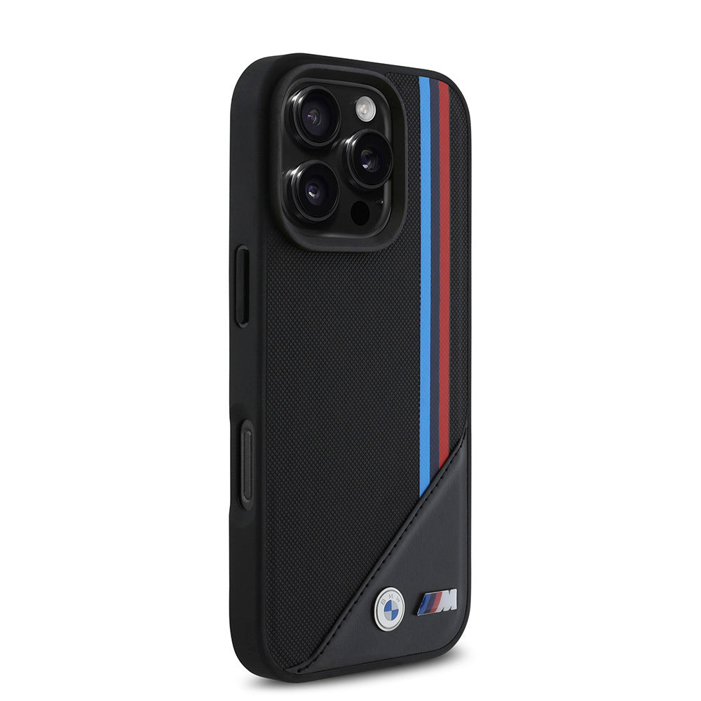 Apple iPhone 16 Pro Max Kılıf BMW Orjinal Lisanslı M-safe Şarj Özellikli M Logolu Üç Çizgili Dikiş Detaylı Meshed Tricolor Stripes Kapak Siyah