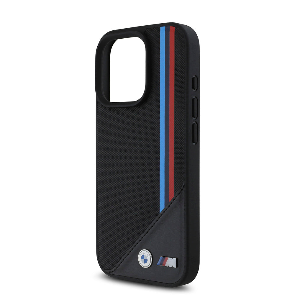 Apple iPhone 16 Pro Max Kılıf BMW Orjinal Lisanslı M-safe Şarj Özellikli M Logolu Üç Çizgili Dikiş Detaylı Meshed Tricolor Stripes Kapak Siyah