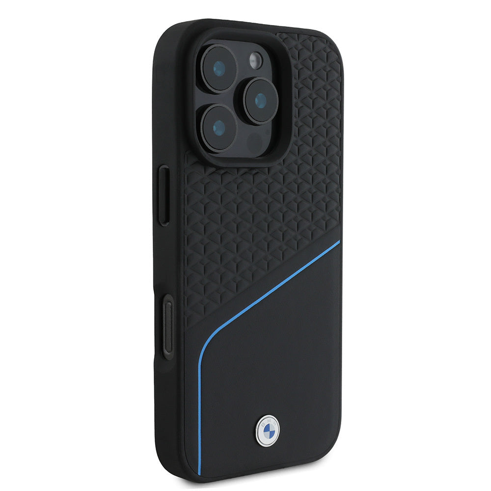 Apple iPhone 16 Pro Max Kılıf BMW Orjinal Lisanslı M-safe Şarj Özellikli Metal Logolu Dokulu ve Çizgili Deri Kapak Siyah