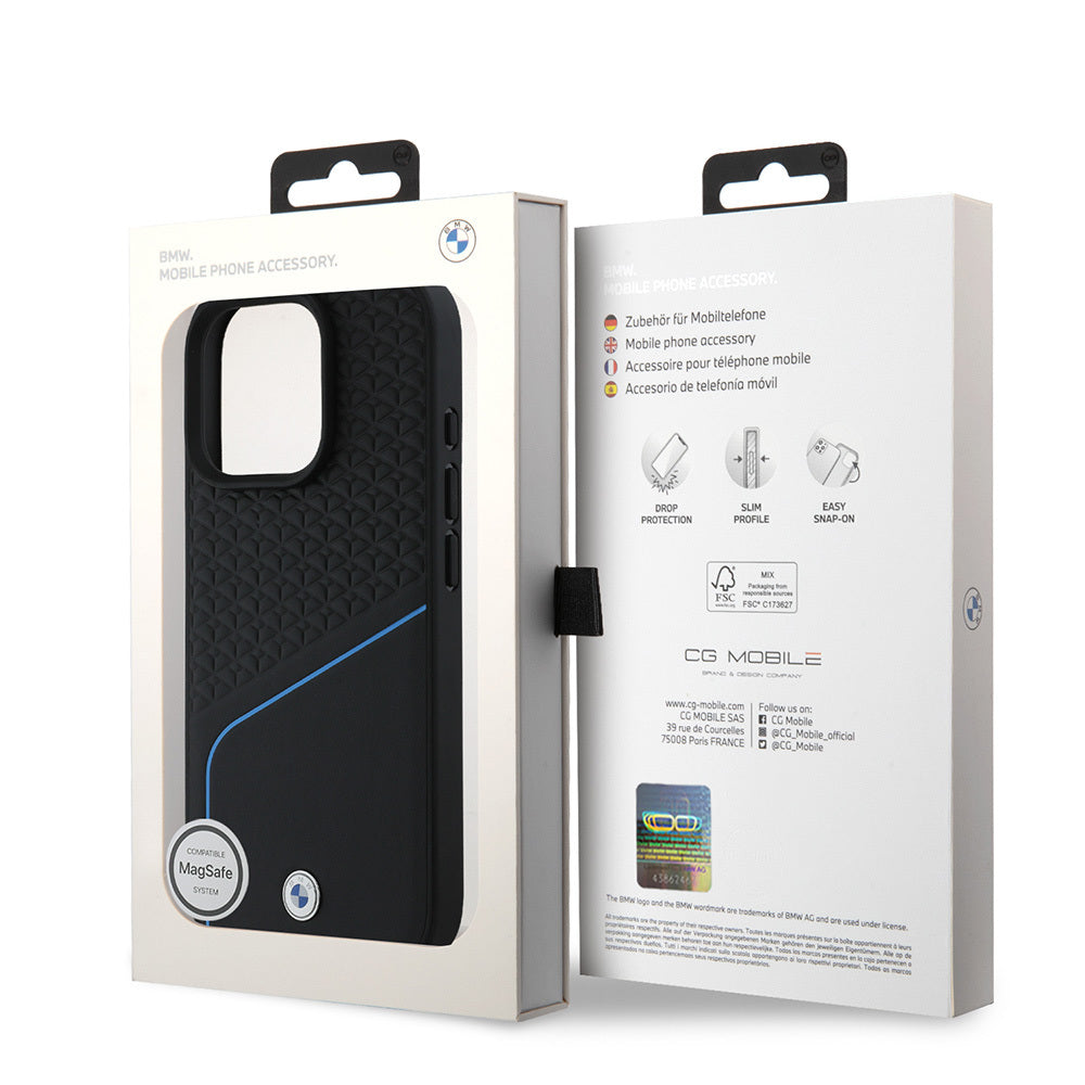 Apple iPhone 16 Pro Max Kılıf BMW Orjinal Lisanslı M-safe Şarj Özellikli Metal Logolu Dokulu ve Çizgili Deri Kapak Siyah