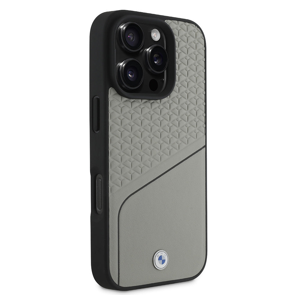 Apple iPhone 16 Pro Max Kılıf BMW Orjinal Lisanslı M-safe Şarj Özellikli Metal Logolu Dokulu ve Çizgili Deri Kapak Siyah