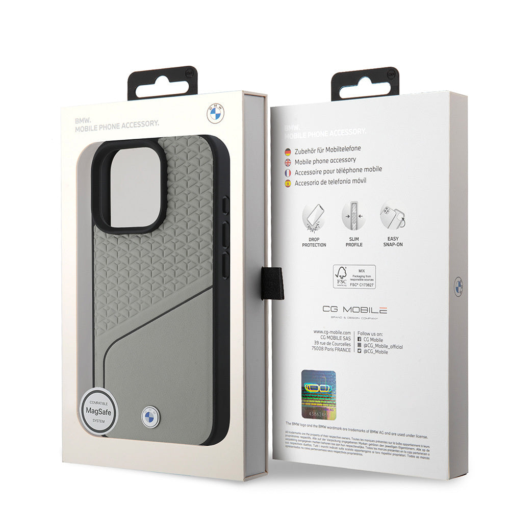 Apple iPhone 16 Pro Max Kılıf BMW Orjinal Lisanslı M-safe Şarj Özellikli Metal Logolu Dokulu ve Çizgili Deri Kapak Gri