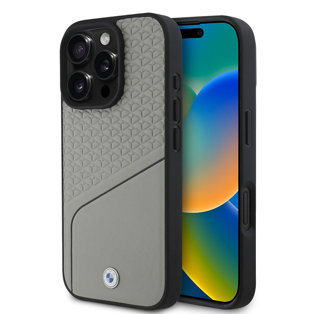 Apple iPhone 16 Pro Max Kılıf BMW Orjinal Lisanslı M-safe Şarj Özellikli Metal Logolu Dokulu ve Çizgili Deri Kapak Gri