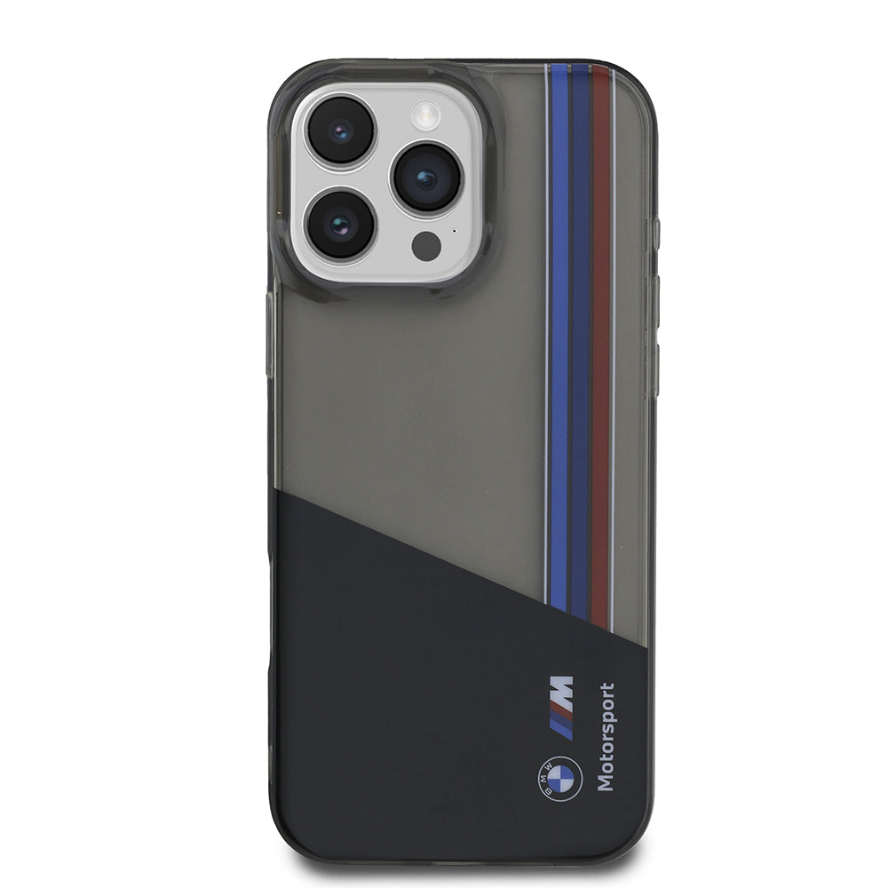 Apple iPhone 16 Pro Max Kılıf BMW Orjinal Lisanslı Yarı Transparan M Dizayn Çizgili Kapak Siyah