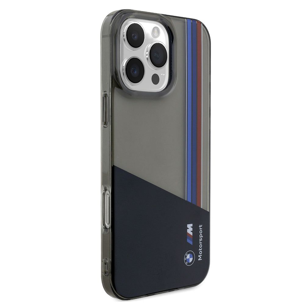 Apple iPhone 16 Pro Max Kılıf BMW Orjinal Lisanslı Yarı Transparan M Dizayn Çizgili Kapak Siyah