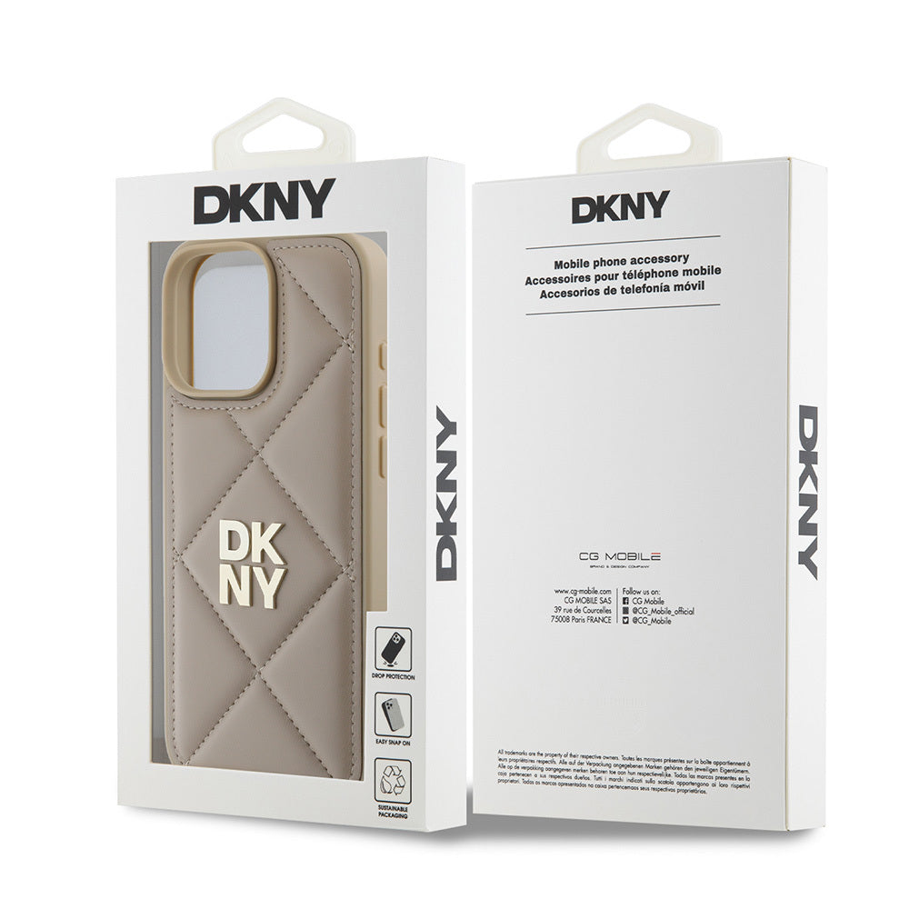 Apple iPhone 16 Pro Max Kılıf DKNY Orjinal Lisanslı Kapitone Tasarımlı Metal Logolu Deri Kapak Bej