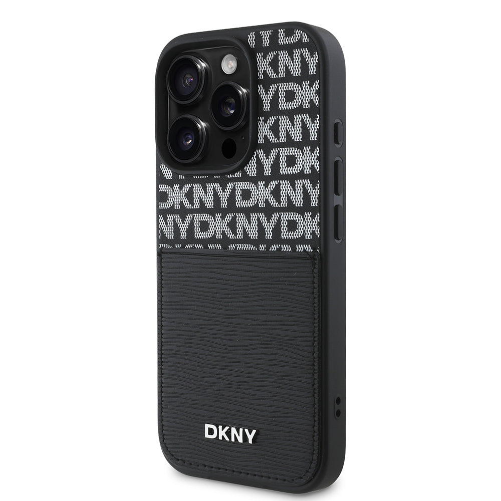 Apple iPhone 16 Pro Max Kılıf DKNY Orjinal Lisanslı Kartlıklı 3D Yazılı Repeat Texture Pattern Kapak Siyah