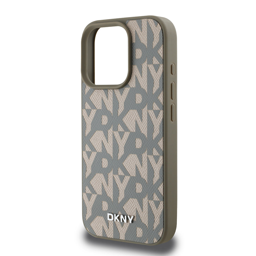 Apple iPhone 16 Pro Max Kılıf DKNY Orjinal Lisanslı M-safe Şarj Özellikli 3D Yazılı Grid Pattern Kapak Kahverengi