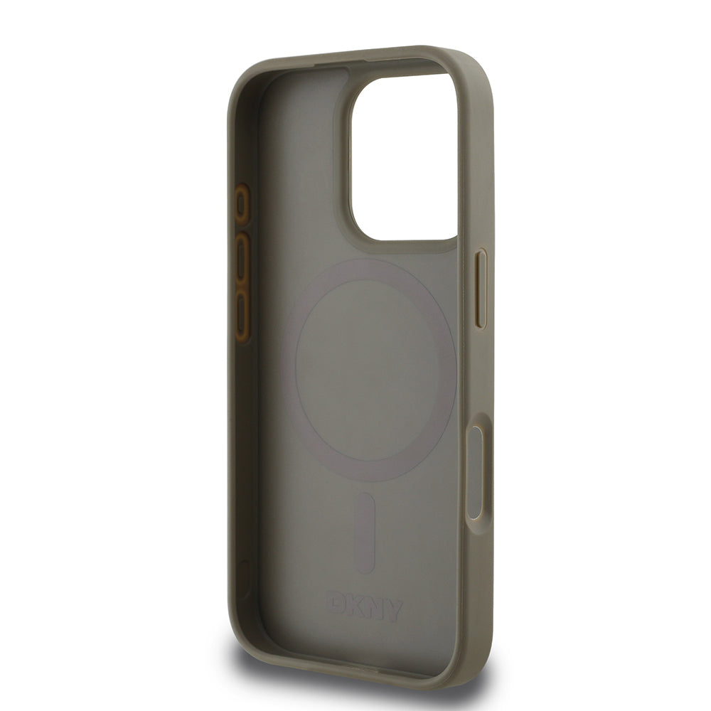 Apple iPhone 16 Pro Max Kılıf DKNY Orjinal Lisanslı M-safe Şarj Özellikli 3D Yazılı Grid Pattern Kapak Kahverengi