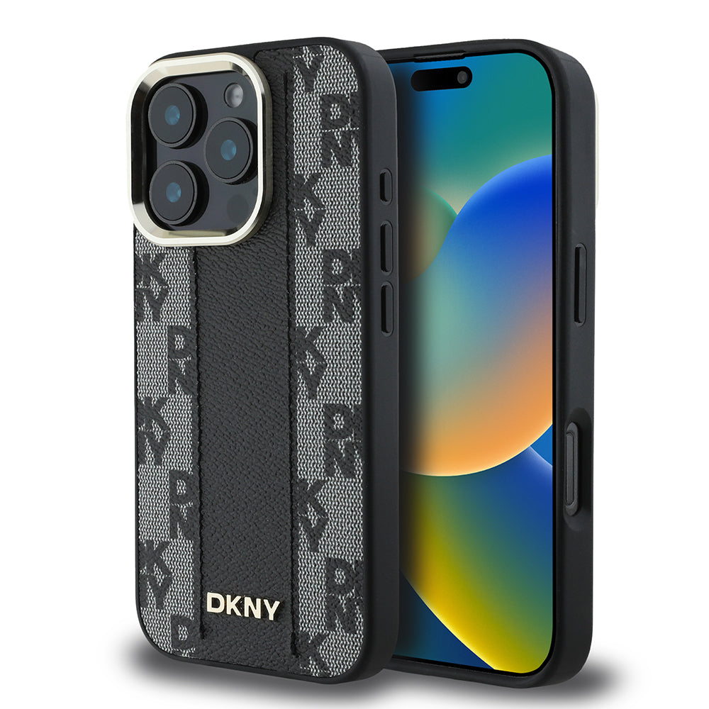 Apple iPhone 16 Pro Max Kılıf DKNY Orjinal Lisanslı M-safe Şarj Özellikli 3D Yazılı Checkered Pattern Kapak Siyah