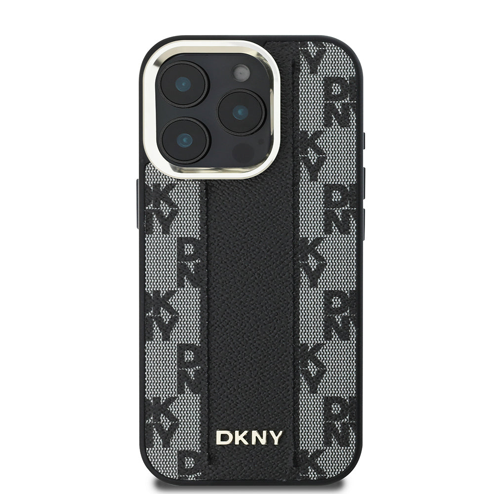 Apple iPhone 16 Pro Max Kılıf DKNY Orjinal Lisanslı M-safe Şarj Özellikli 3D Yazılı Checkered Pattern Kapak Bej