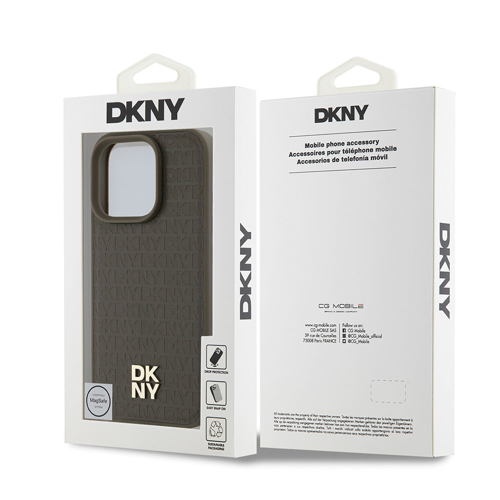 Apple iPhone 16 Pro Max Kılıf DKNY Orjinal Lisanslı M-safe Şarj Özellikli 3D Yazılı Repeat Pattern Kapak Kahverengi