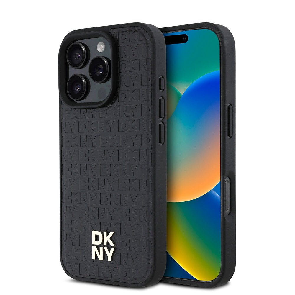 Apple iPhone 16 Pro Max Kılıf DKNY Orjinal Lisanslı M-safe Şarj Özellikli 3D Yazılı Repeat Pattern Kapak Siyah