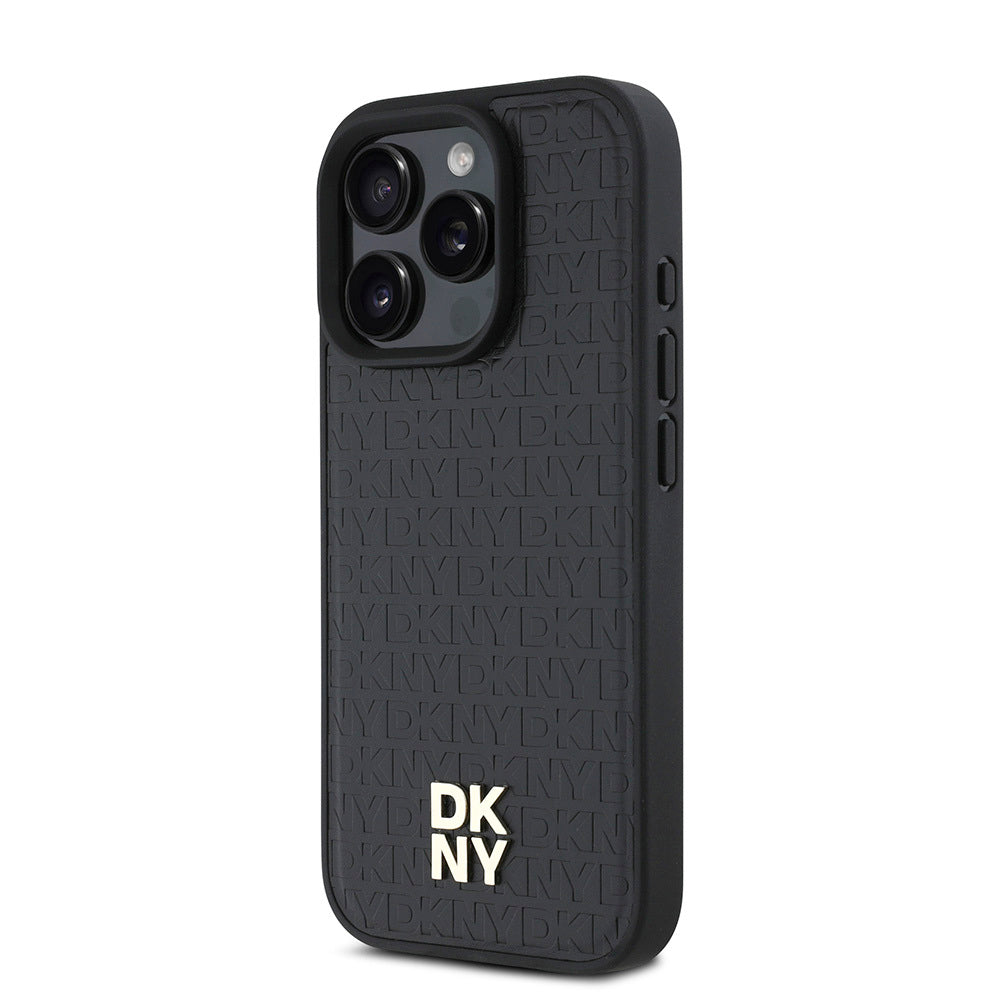 Apple iPhone 16 Pro Max Kılıf DKNY Orjinal Lisanslı M-safe Şarj Özellikli 3D Yazılı Repeat Pattern Kapak Siyah
